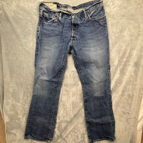 Abercrombie & Fitch Baxter Low Rise Slim Boot Jeans Mens 34x32 Blue Button Fly - Picture 2 of 16